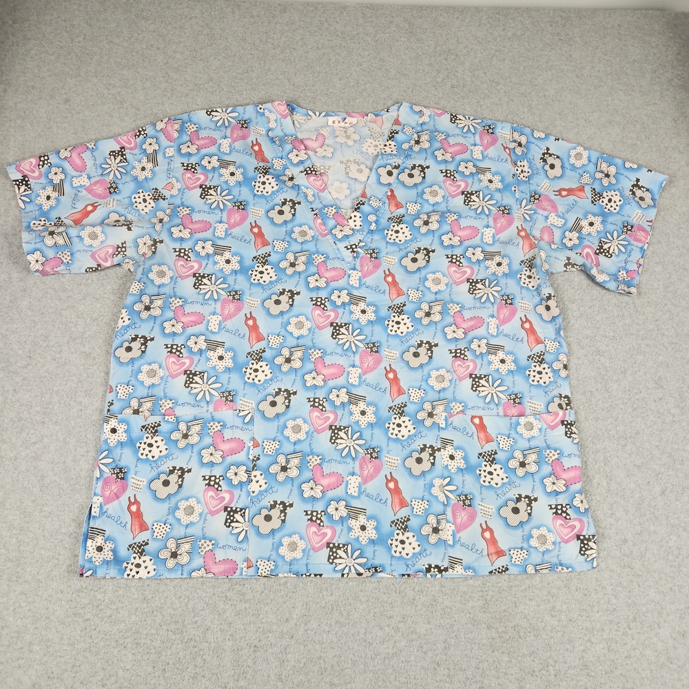 EXPO Scrub Top Womens XL Blue Heart Flower Print V-Neck Short Sleeve Medical